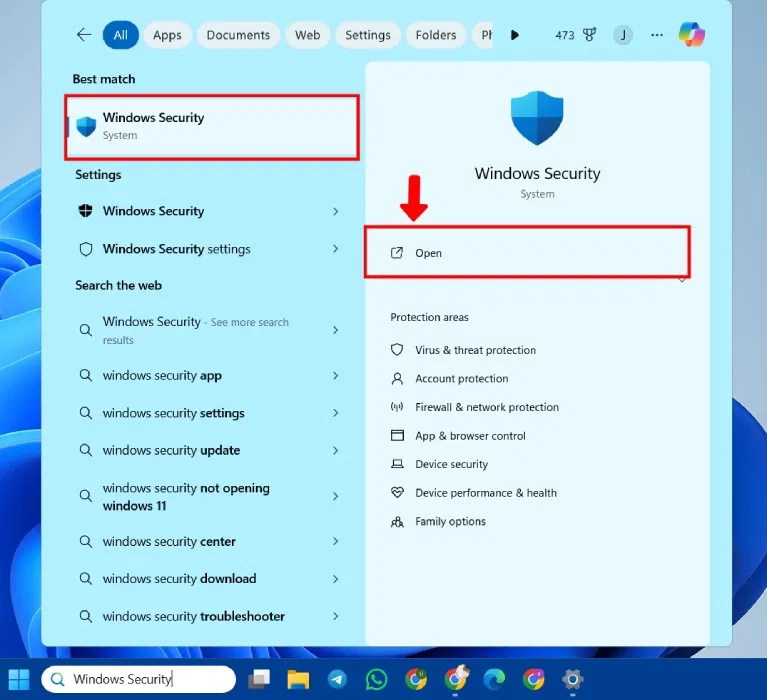 Mở Windows Security trong Windows