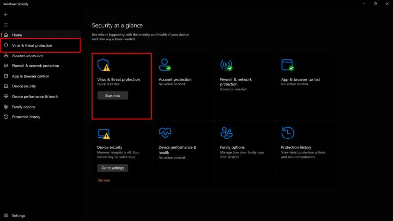 Mở cài đặt Virus & Threat Protection