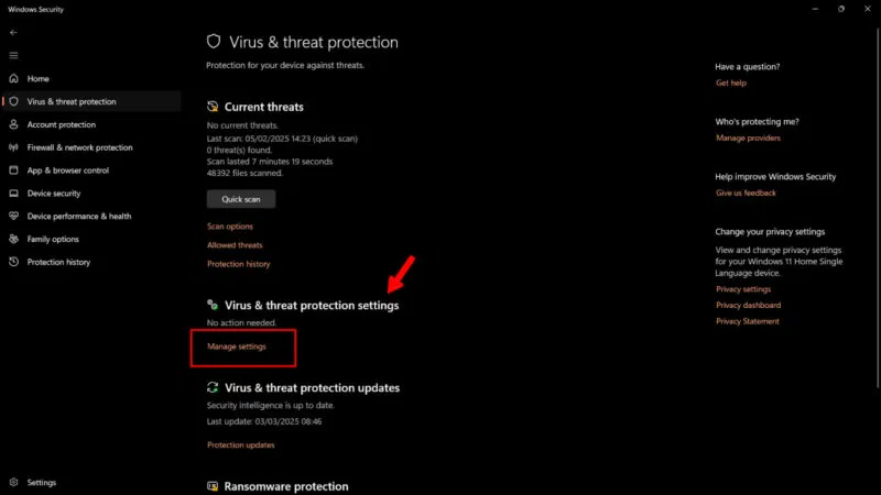 Quản lý cài đặt từ Windows Security