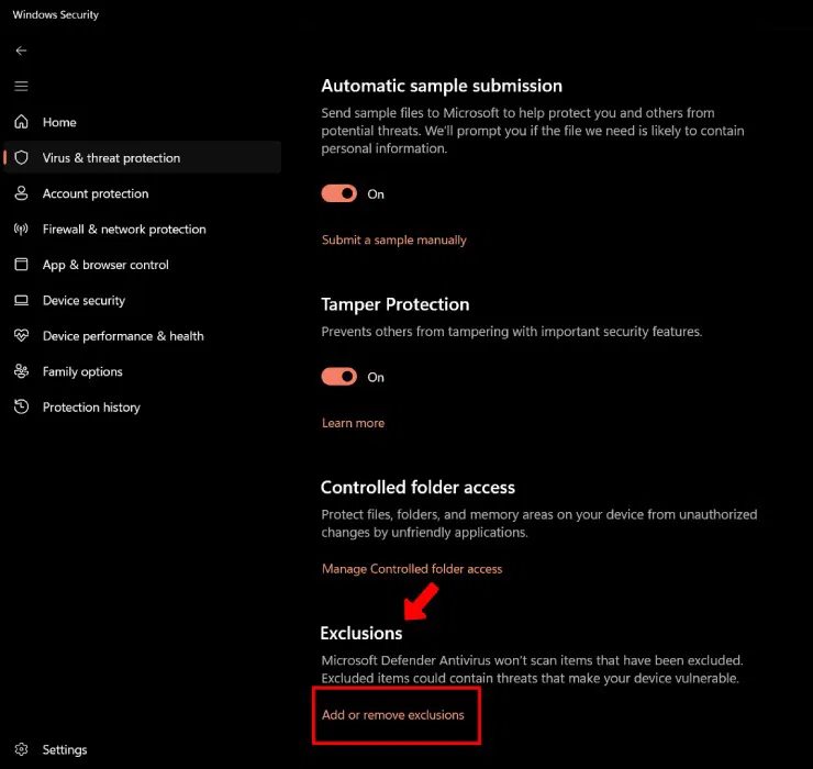 Thêm/Xóa loại trừ khỏi Windows Security