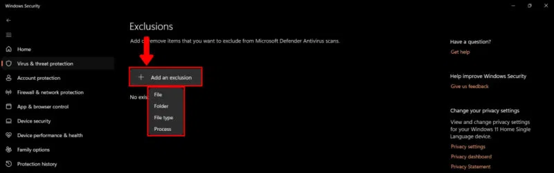 Loại trừ file, thư mục hoặc tài liệu khỏi Windows Security
