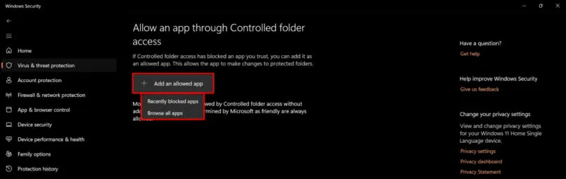 Duyệt ứng dụng trong Controlled Folder Access