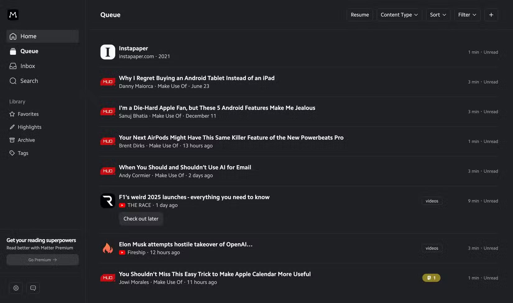 Tab Queue trong ứng dụng bookmark Matter