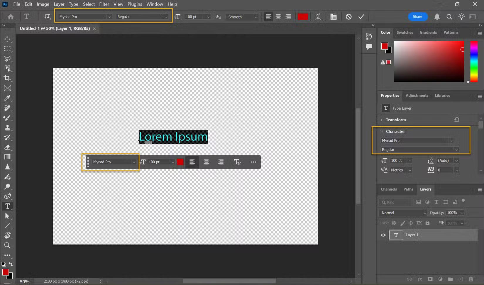 Vị trí Font Browser trong Adobe Photoshop