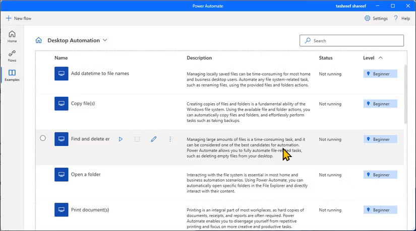Tab Examples mở trên Microsoft Power Automate trên Windows 11