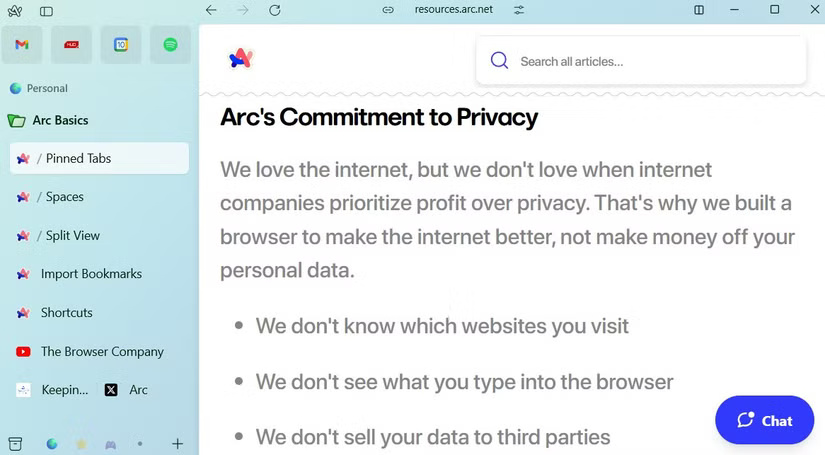 Arc Browser hiển thị chính sách quyền riêng tư của công ty
