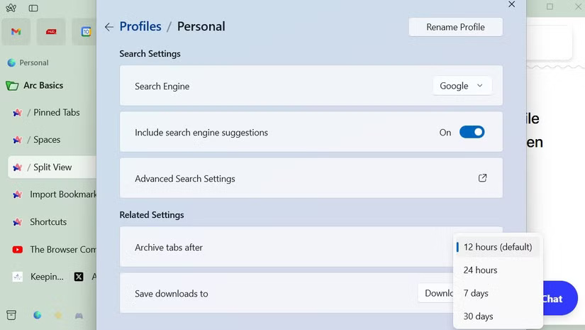 Menu tab lưu trữ tự động trong Arc Browser