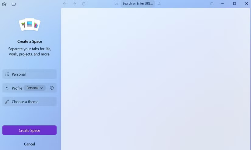 Arc Browser hiển thị tùy chọn tạo space