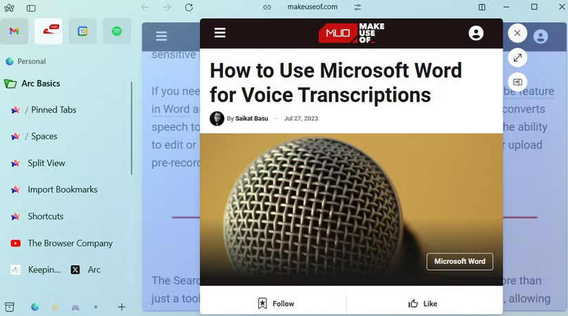 Arc Browser hiển thị bản xem trước liên kết trong cửa sổ pop-up