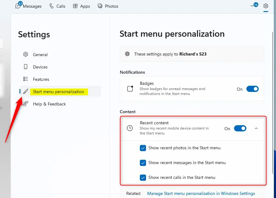 Ẩn thông tin điện thoại hiển thị Start menu