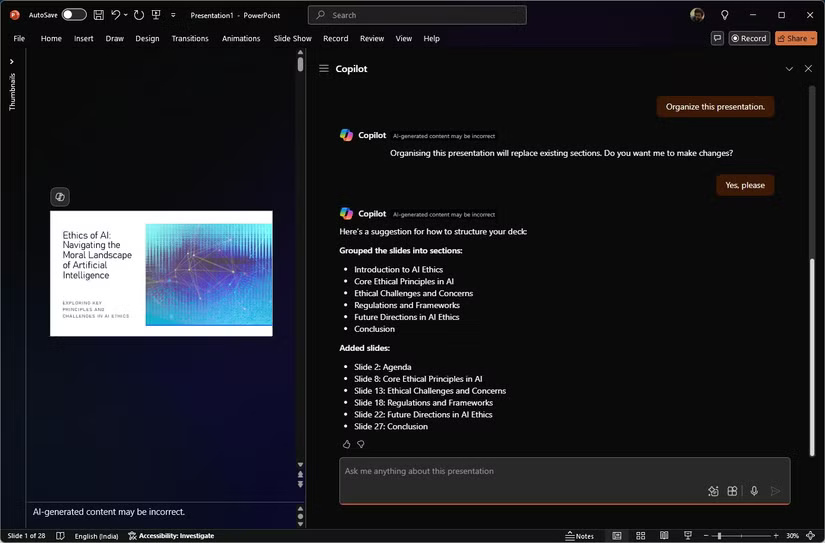 Sắp xếp slide bằng Copilot trong Microsoft
