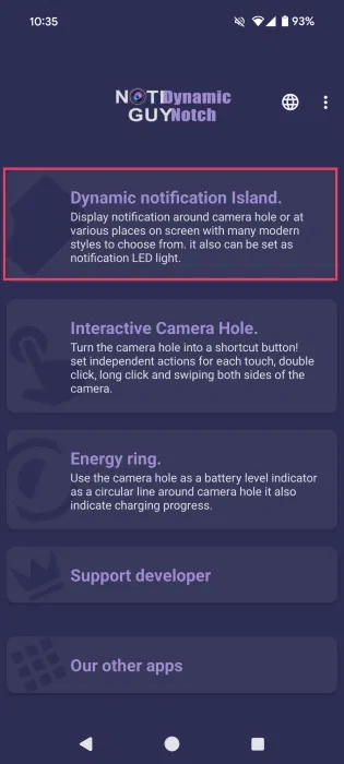 Nhấn vào tùy chọn Dynamic Notification Island trong ứng dụng Notiguy.