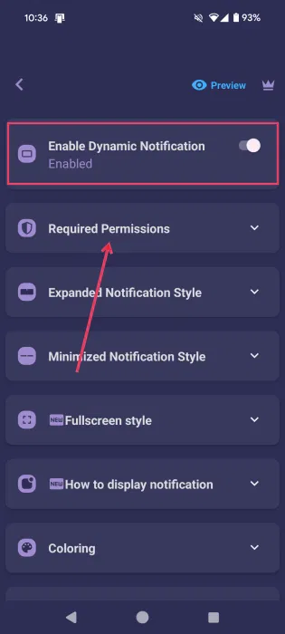 Nhấn vào Required Permissions trong ứng dụng NotiGuy.