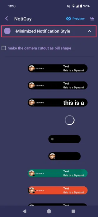 Nhấn vào tùy chọn Minimized Notification Style trong ứng dụng NotiGuy.