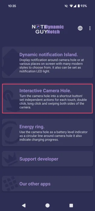 Nhấn vào tùy chọn Interactive Camera Hole trong ứng dụng NotiGuy.