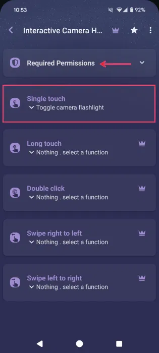 Nhấn vào tùy chọn Single touch để ánh xạ lỗ camera trong ứng dụng NotiGuy.