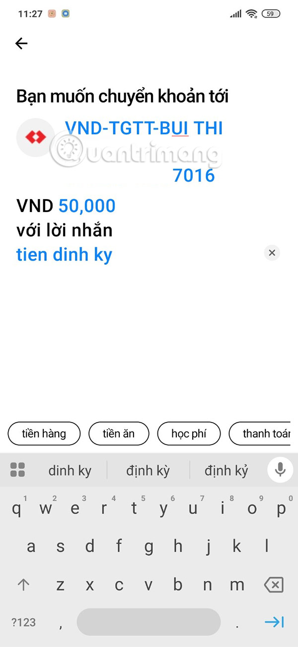 Giao diện chuyển tiền Techcombank Mobile