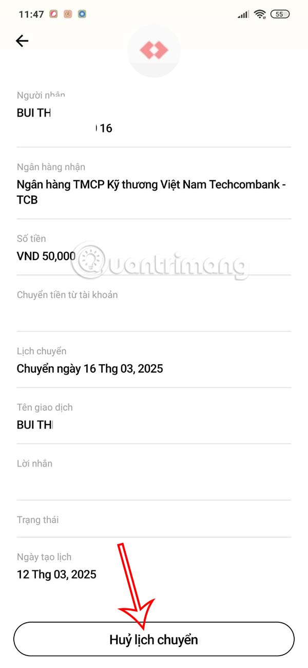 Hủy lên lịch chuyển tiền