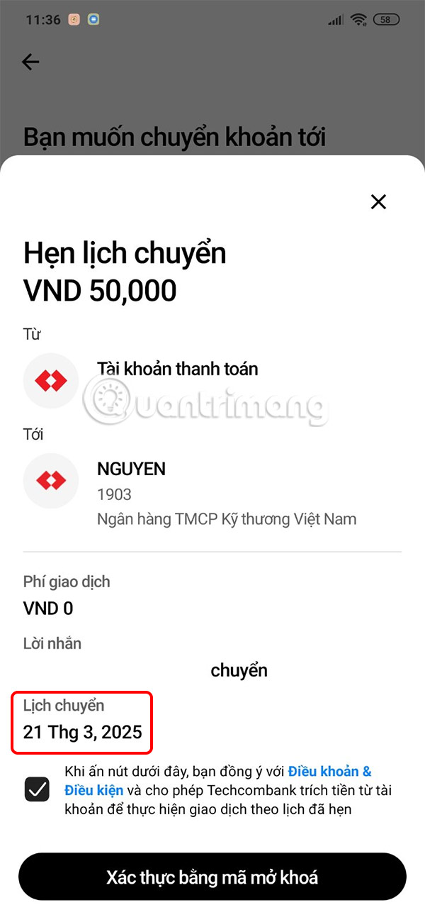 Xác thực mở khóa lên lịch chuyển tiền Techcombank Mobile