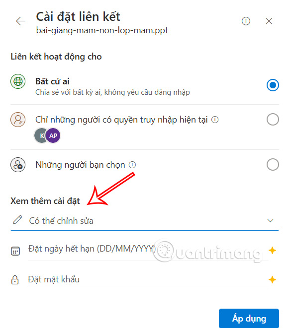 Cài mật khẩu chia sẻ file OneDrive