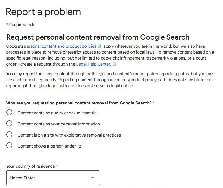 Biểu mẫu yêu cầu xóa Google Search.