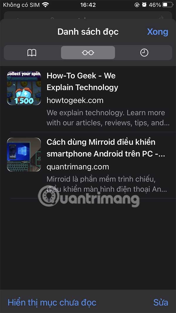 Trang web danh sách đọc Safari