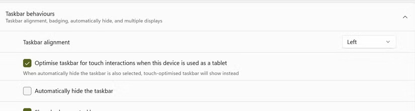 Thay đổi căn chỉnh thanh tác vụ sang trái trong Windows Settings.