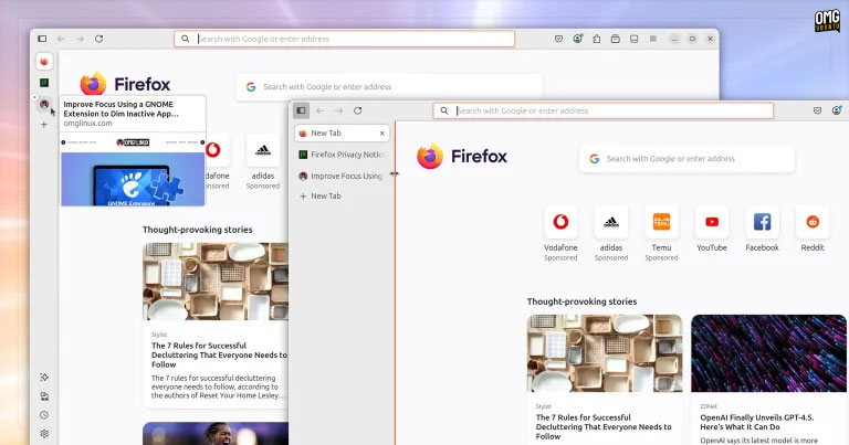 Tab dọc đang hoạt động trong Firefox 136 trên Ubuntu