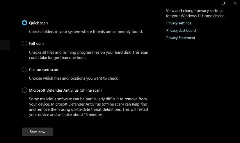 Các tùy chọn quét phần mềm diệt virus trong Windows Security