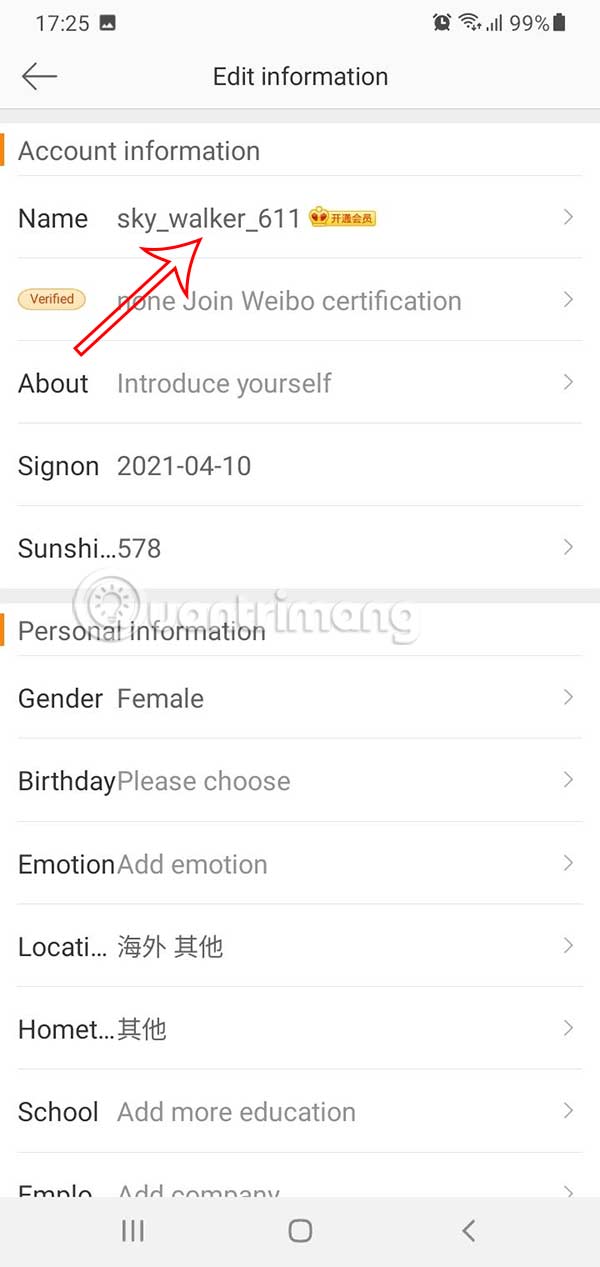 Tên tài khoản Weibo