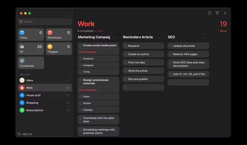 Chế độ xem cột trong ứng dụng Reminders