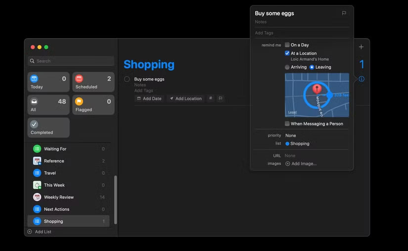 Lời nhắc dựa trên vị trí trong ứng dụng Reminders trên máy Mac