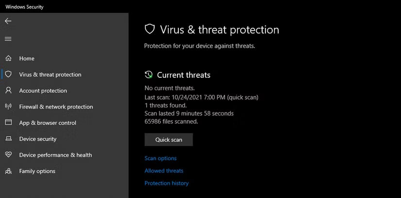Chạy Windows Defender Scan trong cài đặt Windows Security