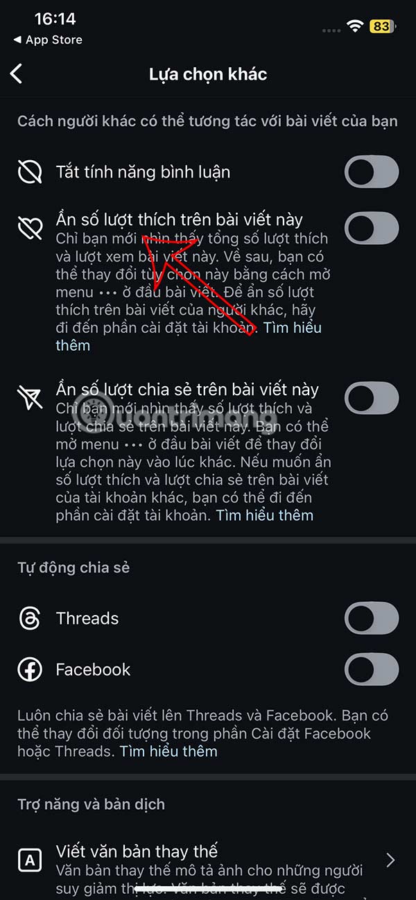 Ẩn lượt thích bài đăng Instagram