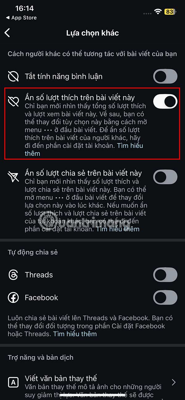 Bật ẩn lượt thích bài đăng Instagram