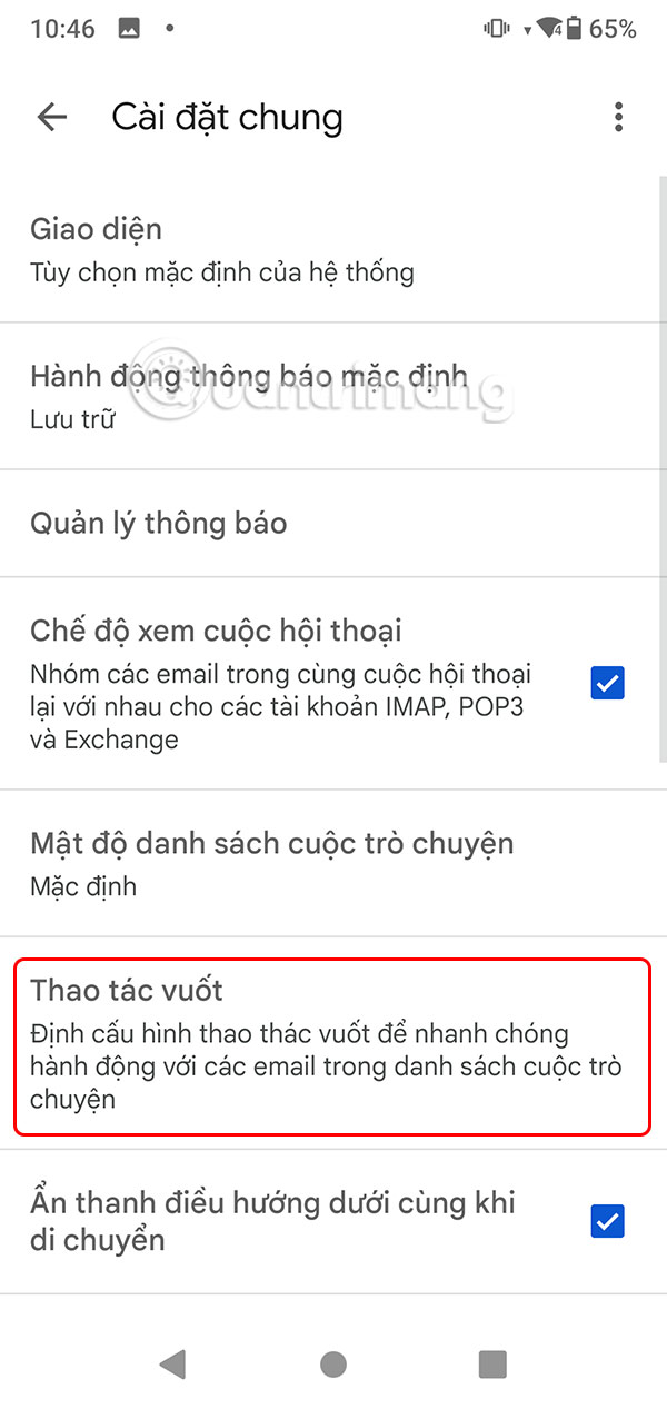 Thao tác vuốt trên Gmail