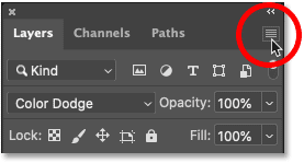 Nhấp vào biểu tượng menu trong bảng Layers của Photoshop.