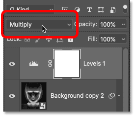 Thay đổi blend mode của layer điều chỉnh Levels thành Multiply.