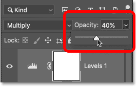 Giảm độ mờ của layer điều chỉnh Levels.