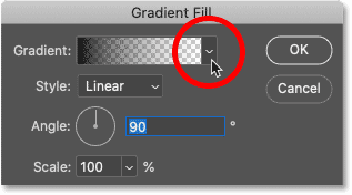 Nhấp vào mũi tên bên phải mẫu gradient trong hộp thoại Gradient Fill của Photoshop.