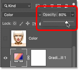 Giảm độ mờ của fill layer Gradient.