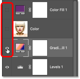 Tắt cả 3 layer hiệu ứng màu trong bảng Layers của Photoshop