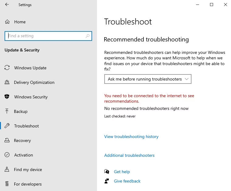 Trang Troubleshoot trong ứng dụng Settings Windows 10