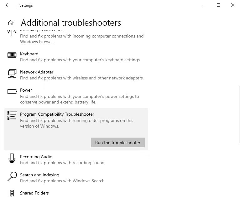 Chạy Program Compatibility Troubleshooter trên Windows 10