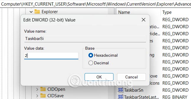 Đổi kích thước Taskbar qua Registry Editor
