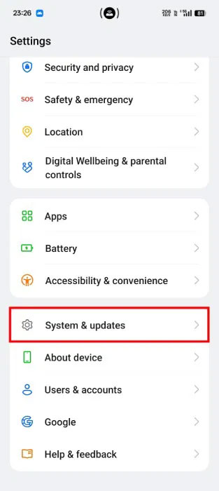 Phần System & updates trong Android