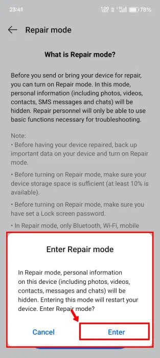 Xác nhận rằng bạn muốn vào Repair Mode trên Android