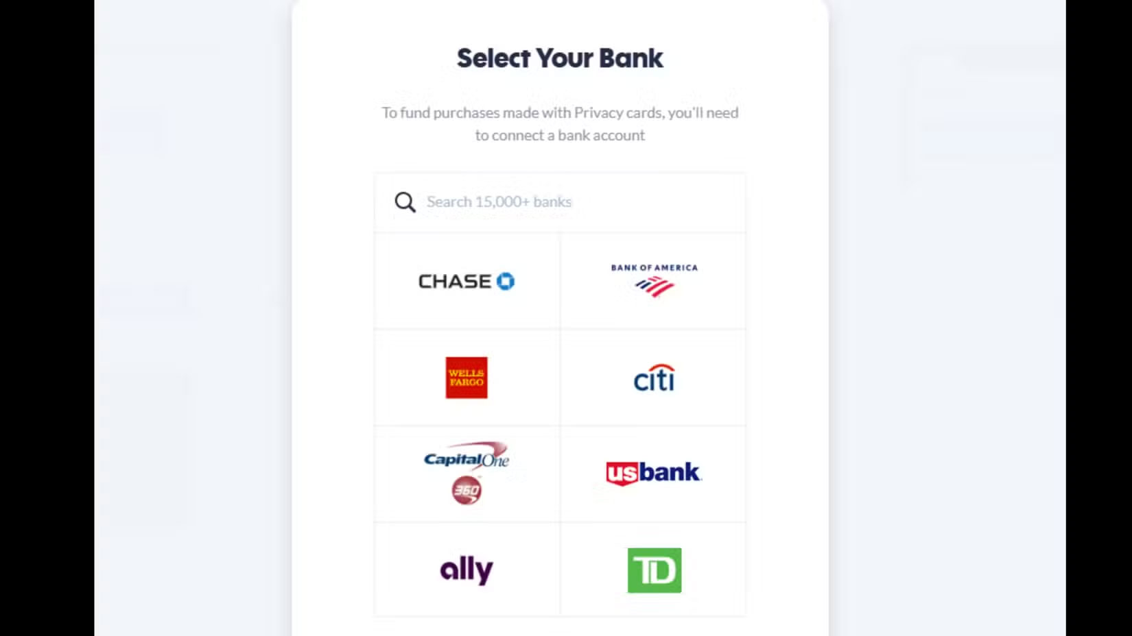 Chọn tài khoản ngân hàng trên Privacy.com