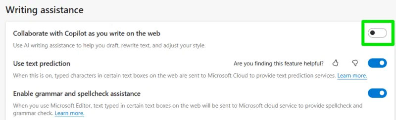Tùy chọn Microsoft Edge để tắt trợ lý viết Copilot