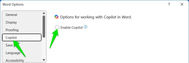 Tùy chọn Microsoft Word để vô hiệu hóa Copilot